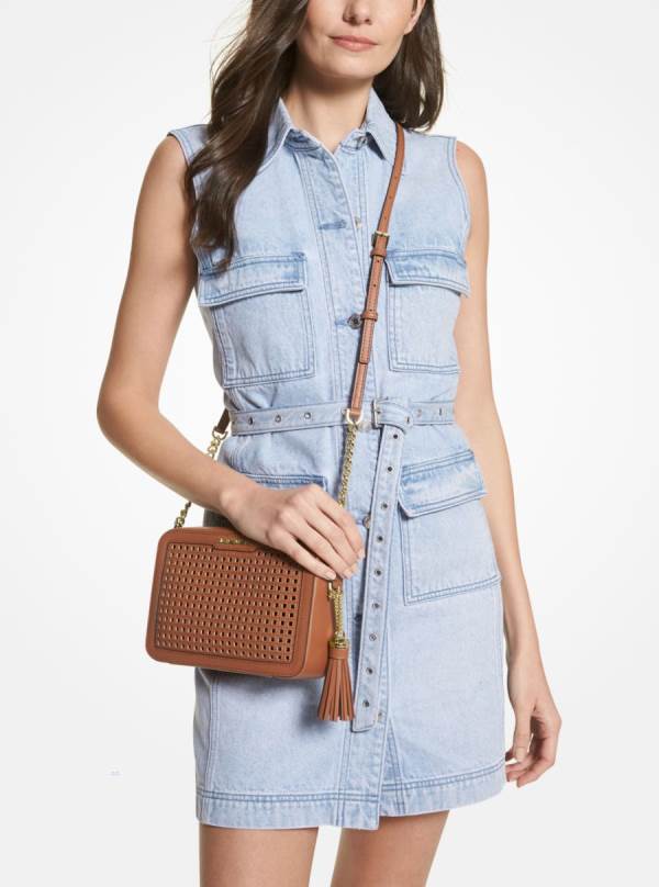 Damske Spojková Taška Michael Kors Ginny Medium Perforated Leather Hnede - Kabelky Michael Kors Levně | UPNEF-8214